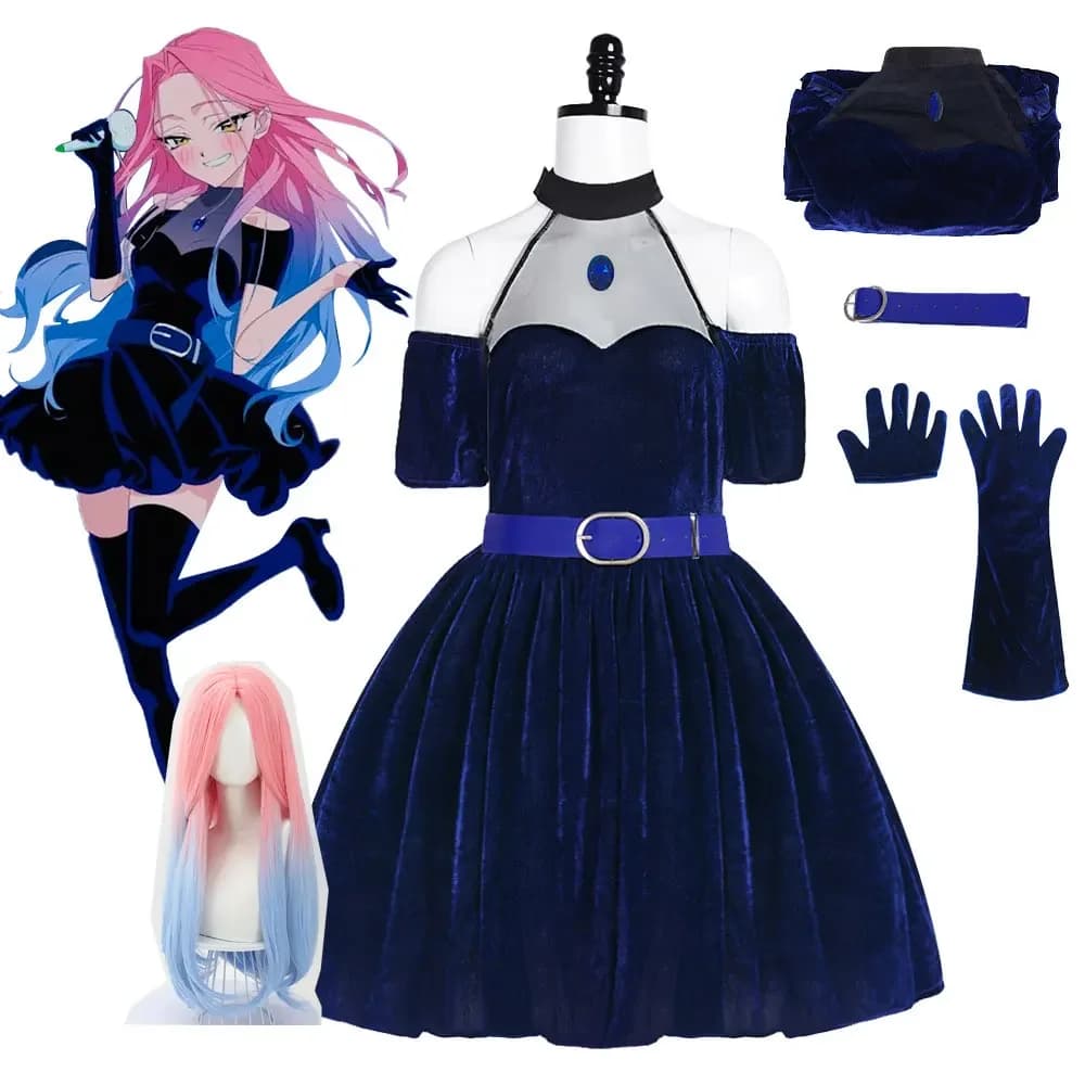 Anime Alien Stage Mizi Sua Cosplay Costume Dark Blue Dress Hair Gloves Stockings Belt Set Uniform for Christm