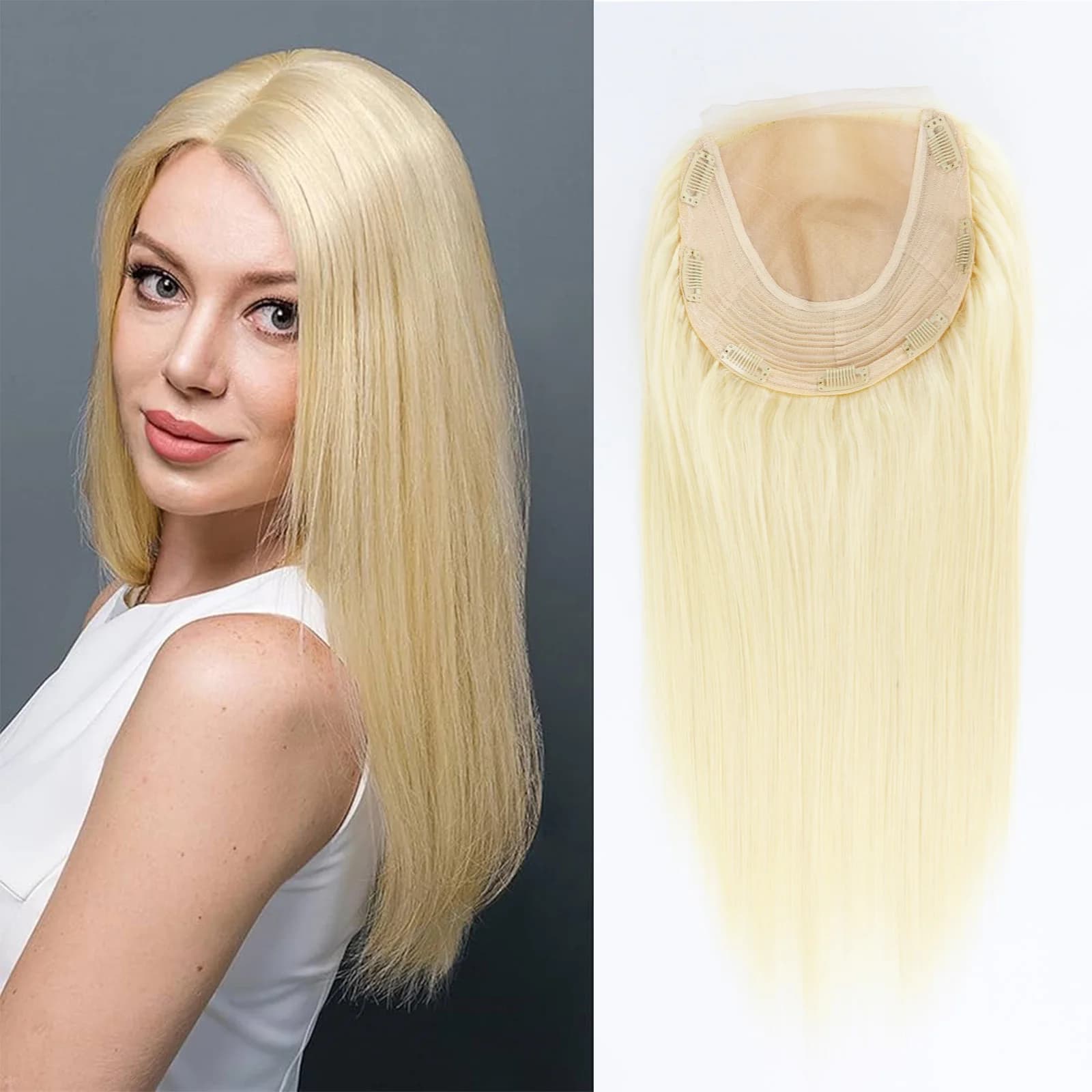Biondo Chiaro 8X9 Pollici # Topper per capelli umani veri 613 con base in seta, liscio, con clip, trama chiusa e baby hair per donna
