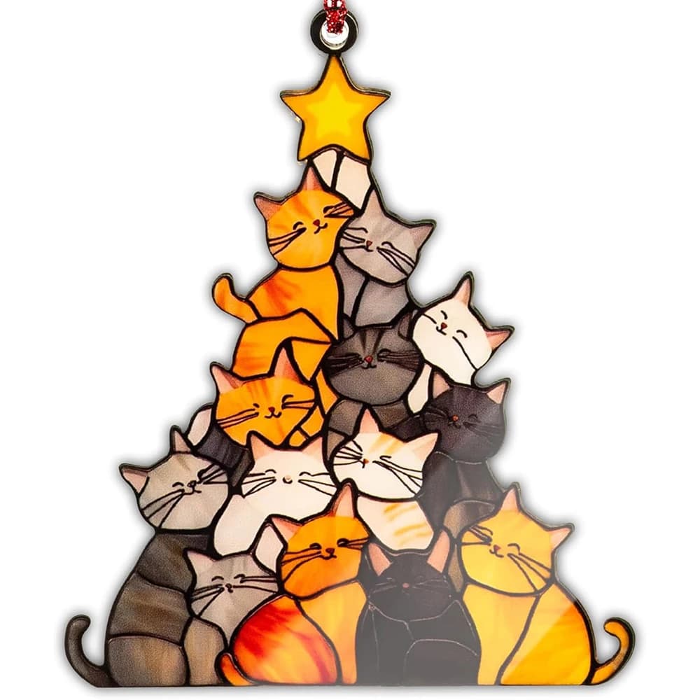 9 cm Gatto Albero di Natale Suncatcher Ornamento Simpatico amante dei gatti Regali Donne Divertenti Decorazioni natalizie Nero Arancione Decor Appeso