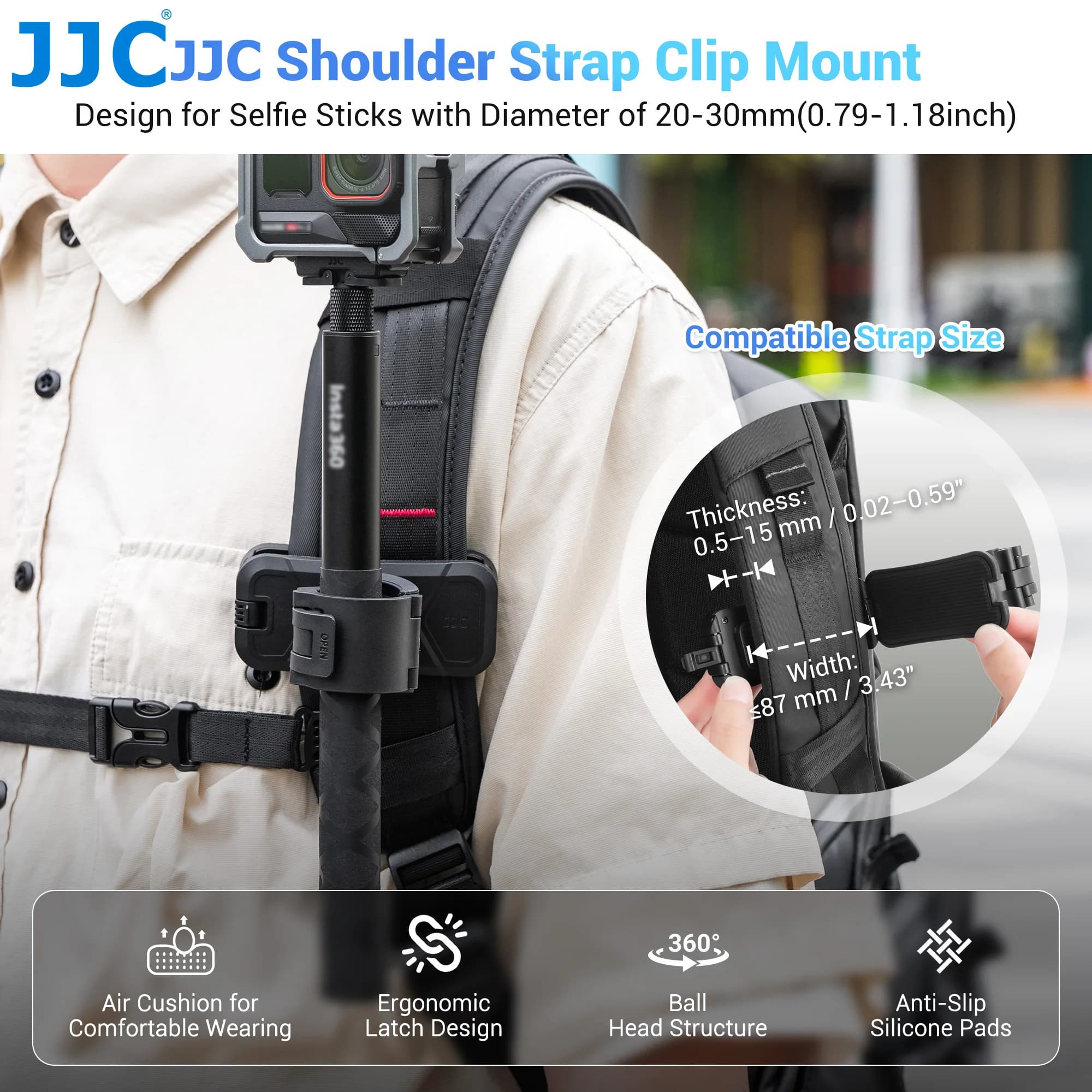JJC Selfie Stick Holster Backpack Clip for Dji Osmo 360 Insta360 X5 X4 Air Backpack Shoulder Strap Hands-free POV Shooting