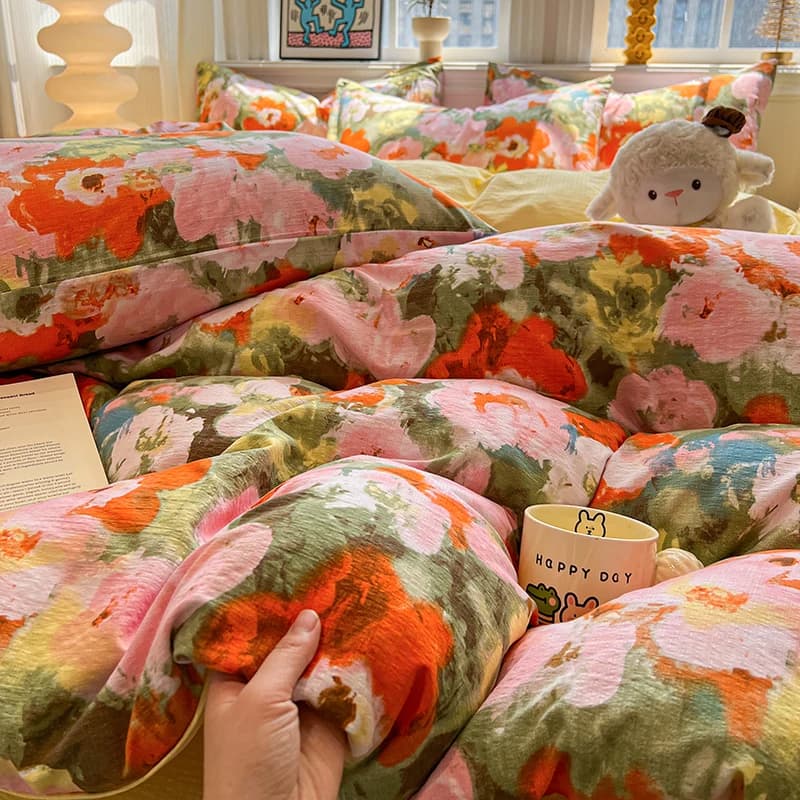 Set di biancheria da letto in garza a doppio strato con stampa floreale, set lenzuola morbide singolo/matrimoniale/king size, set biancheria da letto matrimoniale