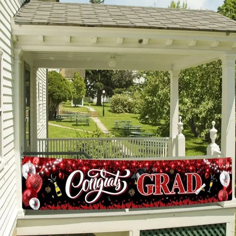 VIKAMA Red Sequins Edge Grad Banner Graduation Hat Scroll Wine Glass Senior Grad Outdoor Wall Fence Hanging Decor