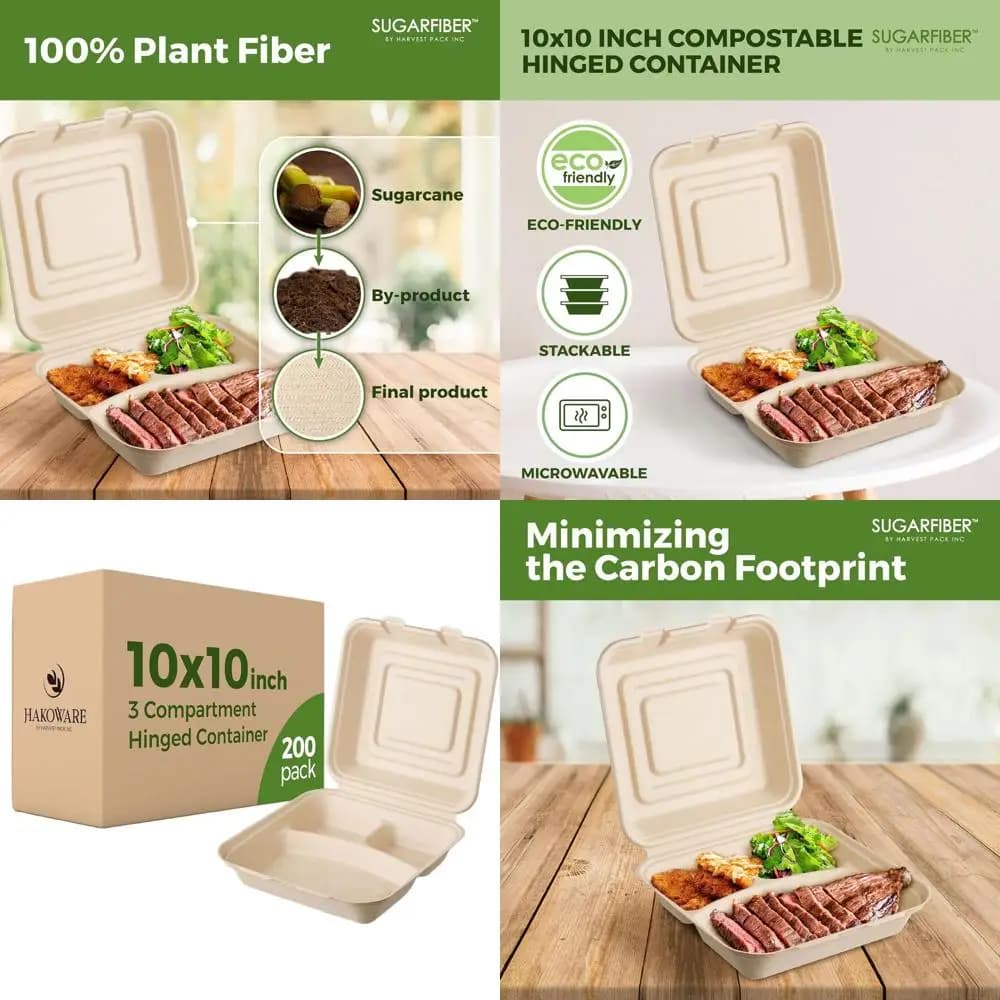 100 Contenitori Compostabili a 10 Scomparti con Coperchi, Scatole per Alimenti a 3 Sezioni con Cerniera Resistente, Imballaggio Ecologico Naturale da Asporto