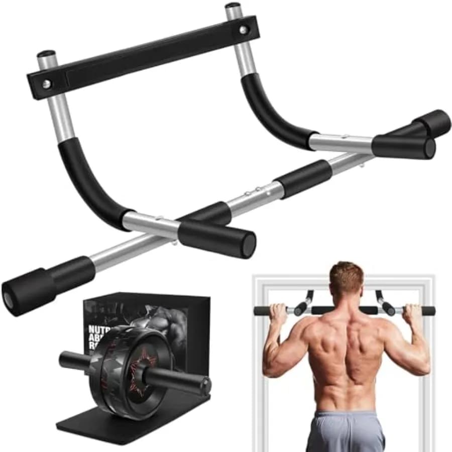 Home Gym Workout Set Doorway Pull Up Bar No Screws and Ab Roller Wheel with Knee Pad, Full Body Strength Training Equipment for