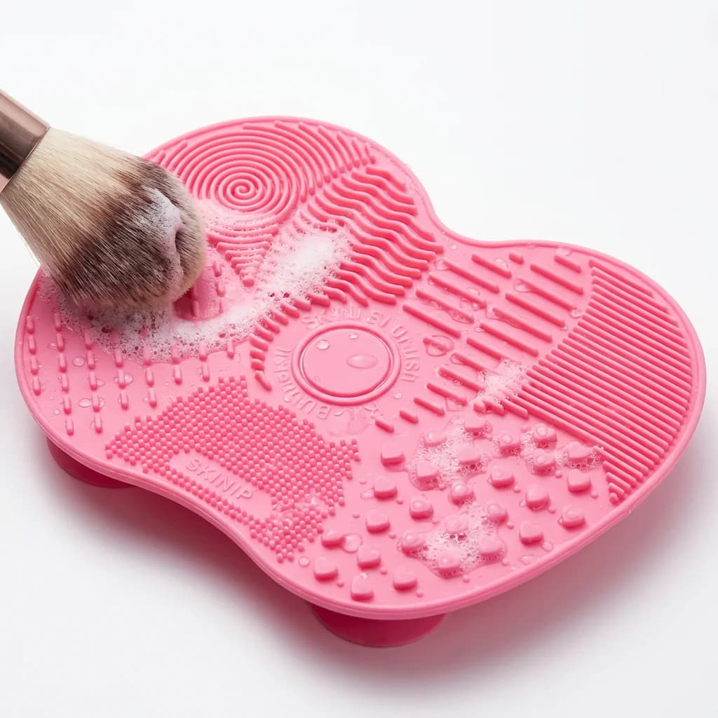 Tappetino per la pulizia dei pennelli da trucco in silicone rosa, tampone per la pulizia dei pennelli a forma di cuore con superficie multitessitura, detergente efficiente per pennelli con setole sintetiche e naturali
