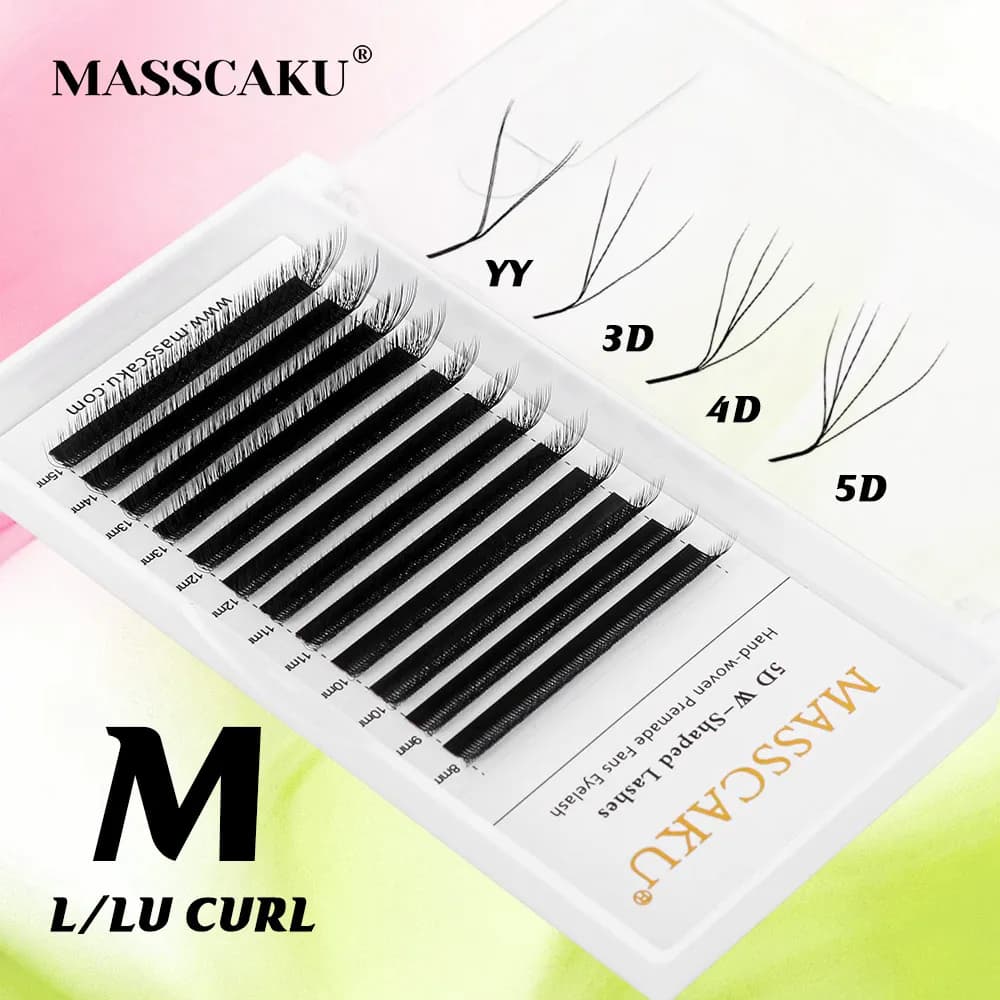 MASSCAKU 3D-5D Nuove Extension Ciglia Finte a Forma di W, Curvatura L LU M, Nere Opache, Ciglia Finte Naturali per Trucco, Ciglia Singole