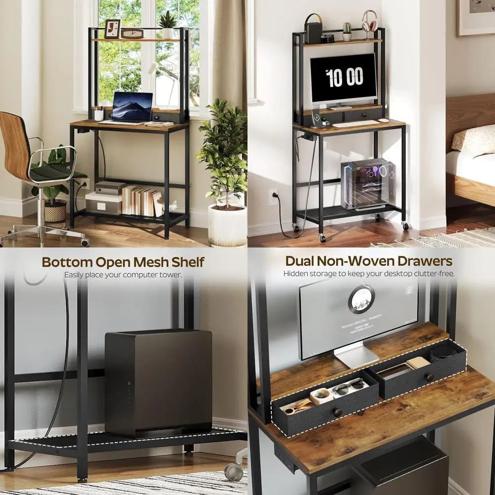 Desk Rustica Marrone con Mobiletto Superiore, Prese Elettriche, Support Monitor e Ruote per Ufficio Domestic e Gaming