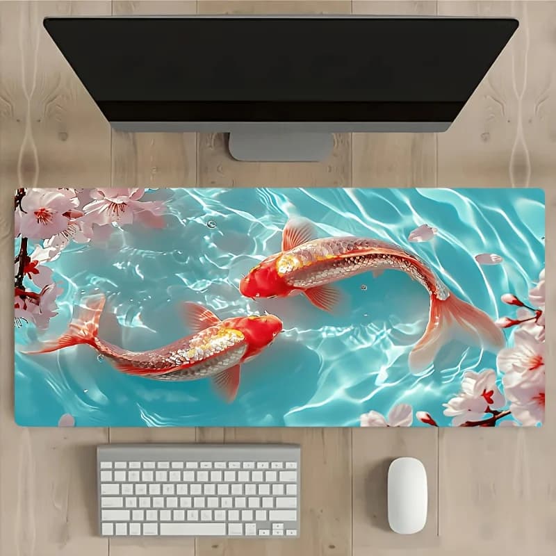 Tappetino da scrivania Koi Fish Cherry Blossom, grande tappetino per mouse in gomma antiscivolo per computer da gioco e ufficio