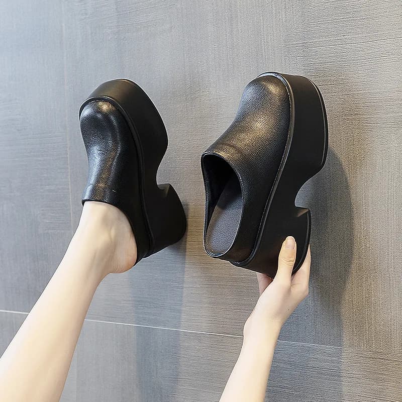 Genuine Leather Open Back Mule Sandals Women Summer Platform Shoes 11cm Height Increase Square Toe