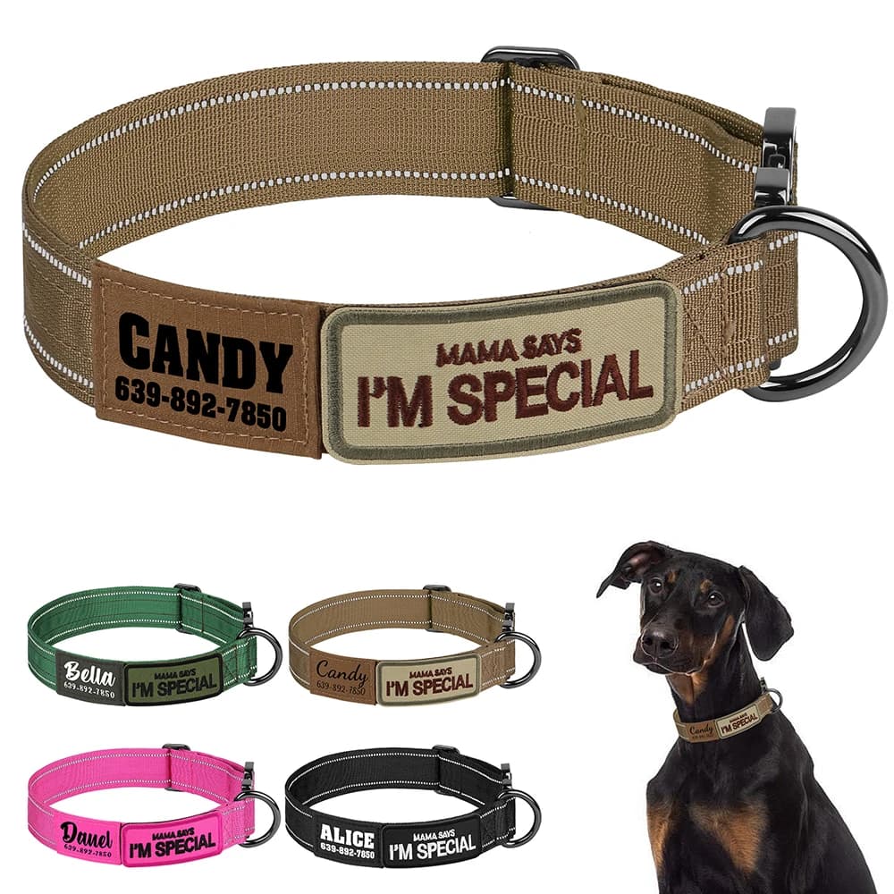 Collare per cani tattico personalizzato Collare per cani militare in nylon Nome per cani con stampa libera riflettente anti-smarrimento per la caccia all'addestramento del cane