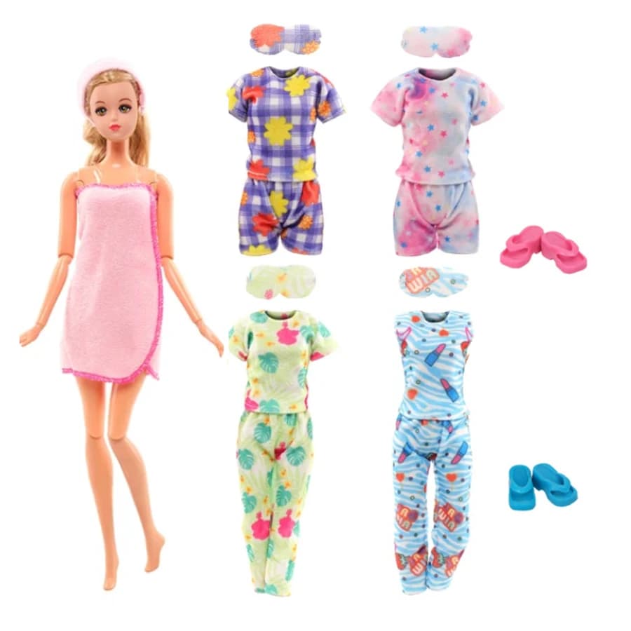 7 pieces 11.5in/30cm clothes and doll shoes = 4 pajamas 1 bathrobe 2 toy slippers handmade christmas gift, toy imitation game