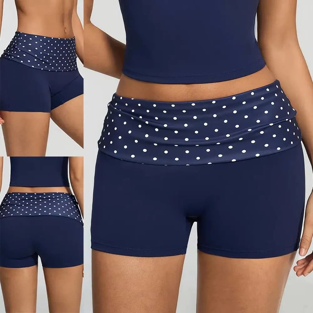 Women Fold Over Waist Yoga Shorts Contrast Polka Dot Striped Waistband High Waist Biker Gym Workout Tummy Control Sport Pants