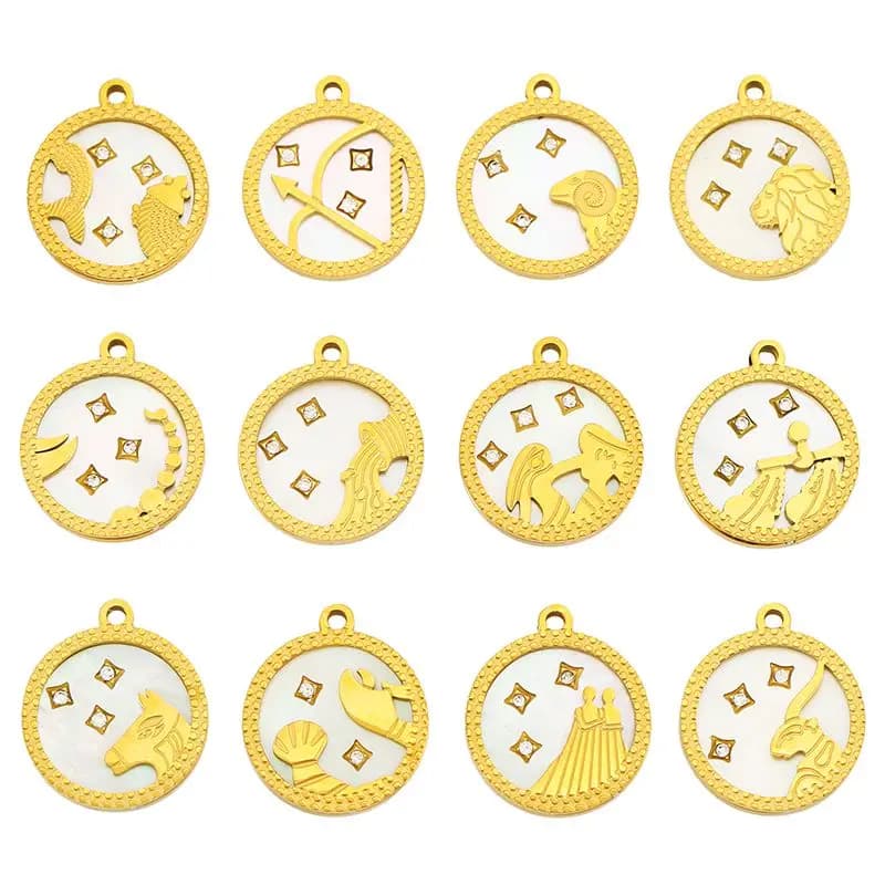 2pcs Stainless Steel Round Inlay Natural Shell Zircon 12 Constellations Charms Pendant for Women Earring Necklace Jewelry Making