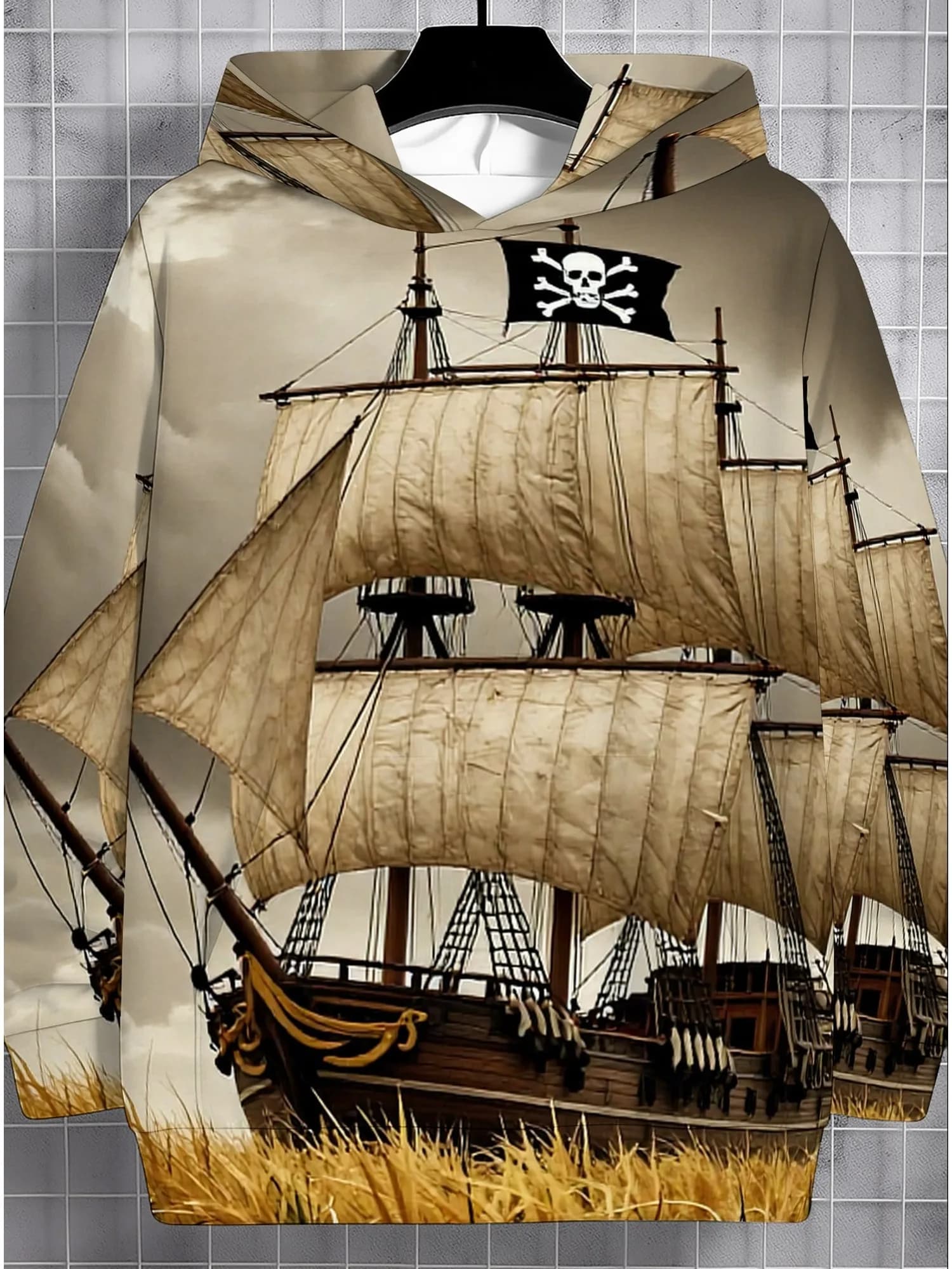 3D Full Print Pirate Hoodie Men Retro Old Vessel Skull Flag Landscape Drawstring Loose Casual Hooded Sweat Top