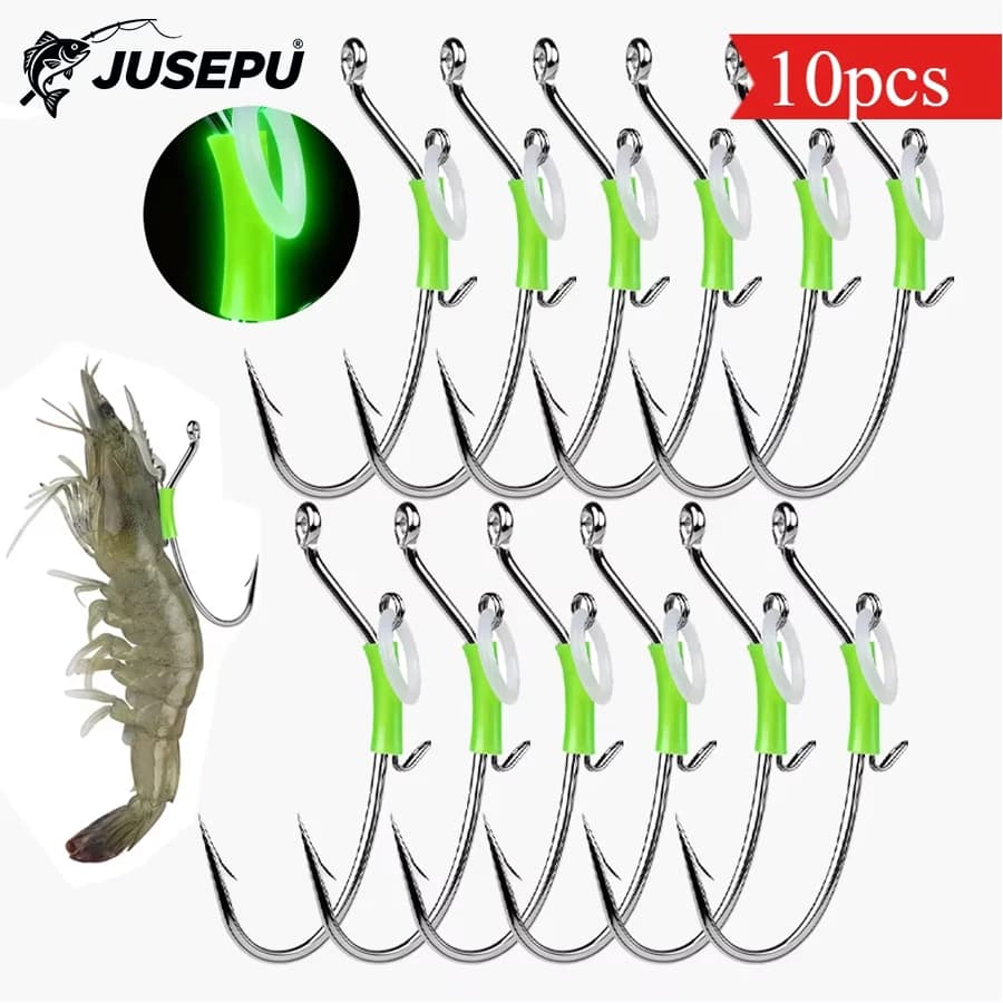 10pcs Barbed High Carbon Steel Live Shrimp Hook with Luminous Rubber Ring Live Bait Hook for Saltwater Freshwater Fishing Tackle
