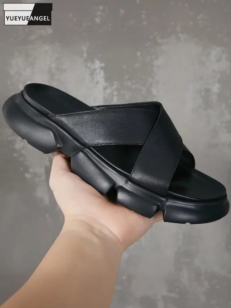 Pantofole in tinta unita con plateau in pelle bovina maschile alla moda, in vera pelle, traspiranti, da indossare all'esterno, per il tempo libero, scarpe da spiaggia