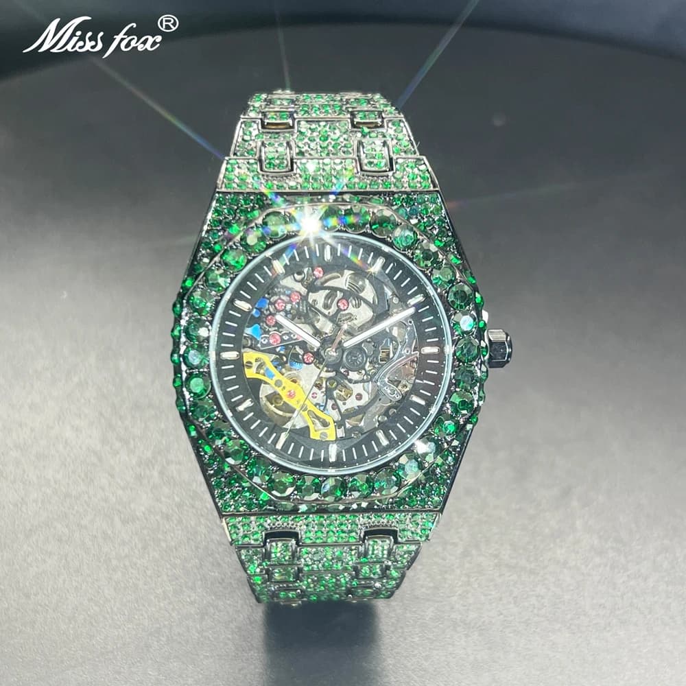 Men's Watch Luxury Full Green Ice Out Business Tourbillon Watches Bling Diamond Gold mechanical male wristwatch