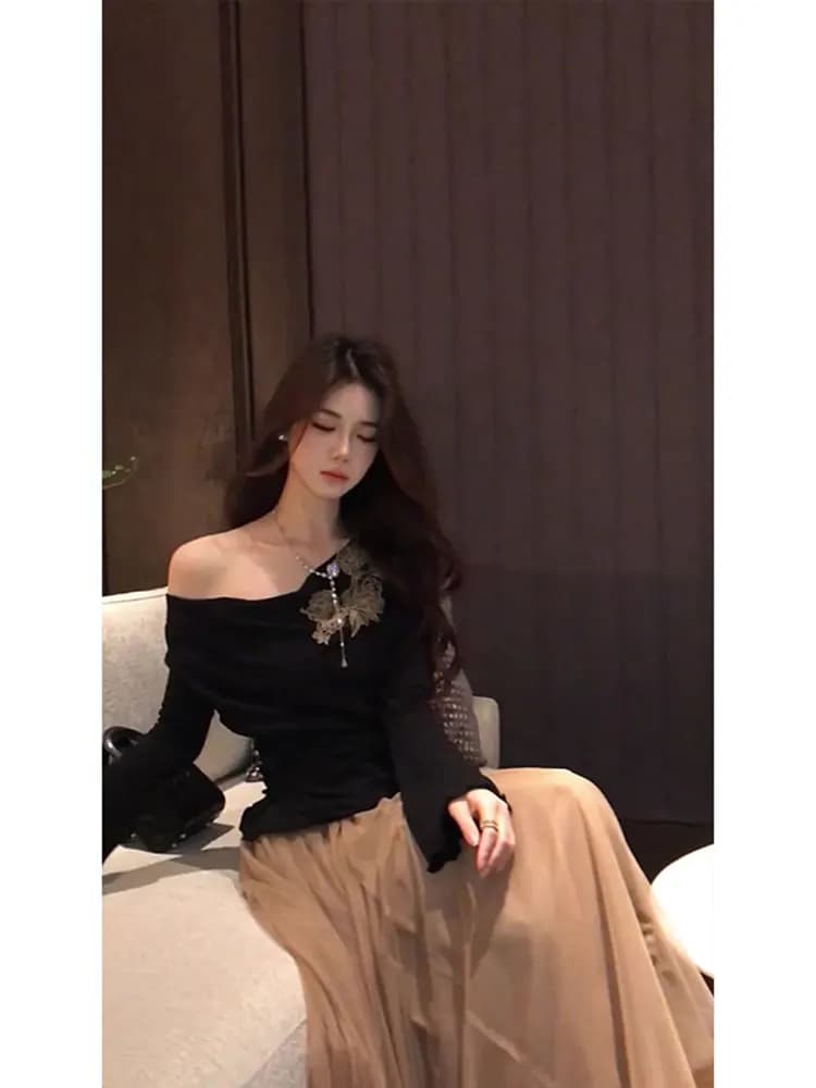 Large Size Black Embroidered Asymmetrical Shoulder Belted Long Sleeve Top And Mesh Skirt Set Women's Autumn New Style Brown