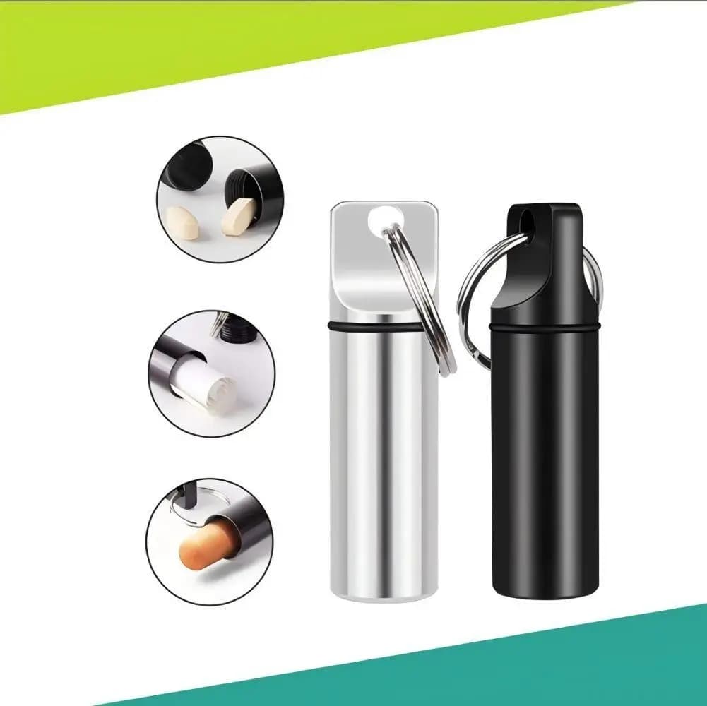 Mini organizer, waterproof aluminum frame with sealed container, alloy round cartridge and keychain for vitamin fish oils