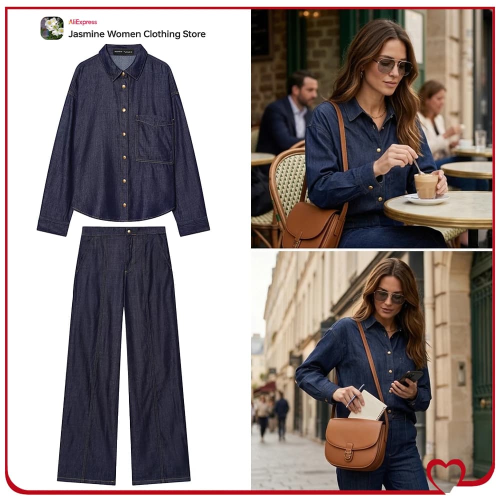 Set Coordinato Oversize in Denim da Donna: Camicia Ampia e Jeans a Vita Alta a Gamba Larga, Stile Cowgirl per il Relax