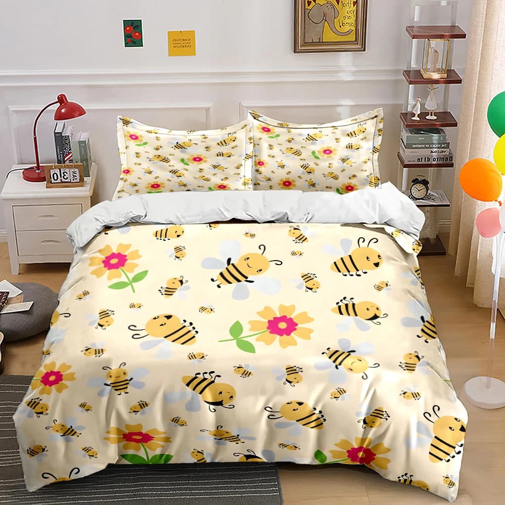 Set di biancheria da letto con sfondo di api e fiori dei cartoni animati, 1 copripiumino, 2 federe per adulti e bambini, regalo di lusso, misura completa