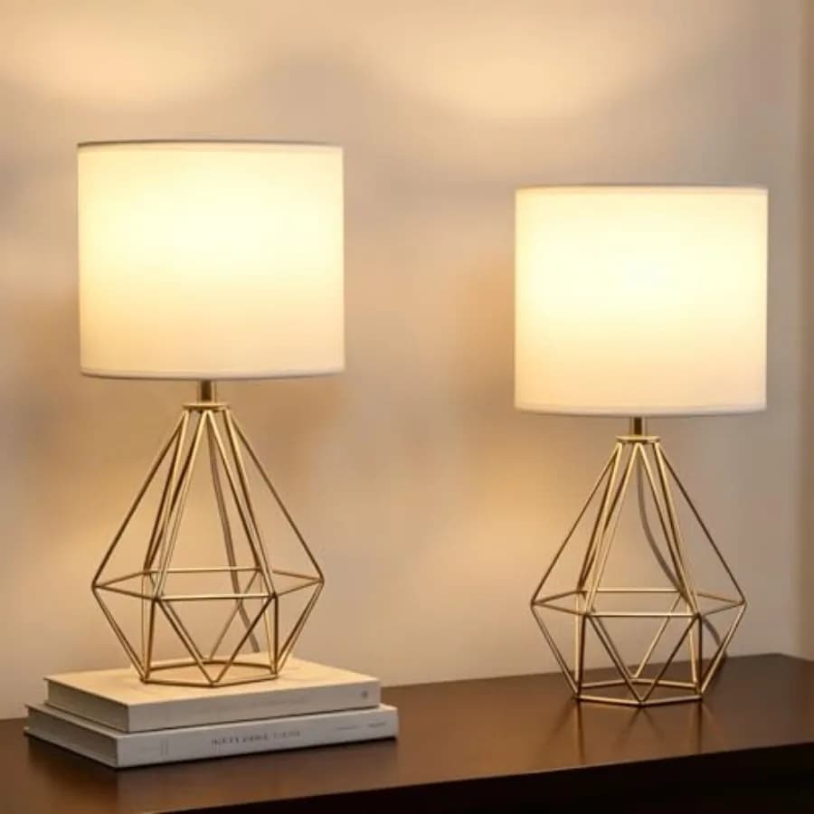 Set di Lampade da Tavolo Piccole, Lampade da Comodino con Paralume Bianco, Base in Metallo Traforato, Lampada da Scrivania Moderna Geometrica per Camere da Letto
