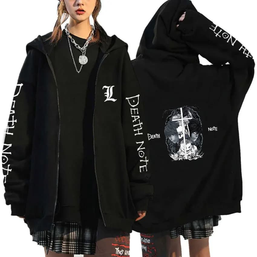 Trendy Style "Death Note" Zipper Hoodie Gothic Style Men's Cartoon Shirt Meihia Amanel Pattern Style Black Wool Zipper