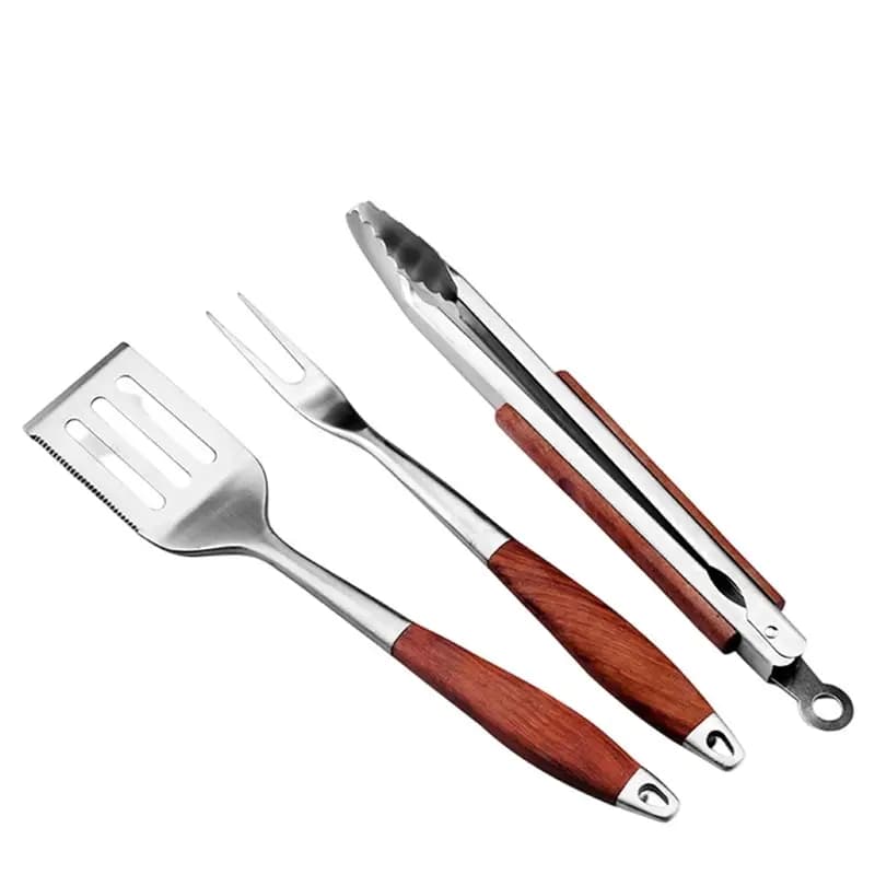 Outdoor Grill Set With 3Pcs Grilling Accessories- Wooden BBQ Grilling Tools Set, Includes Spatula,Fork Tongs