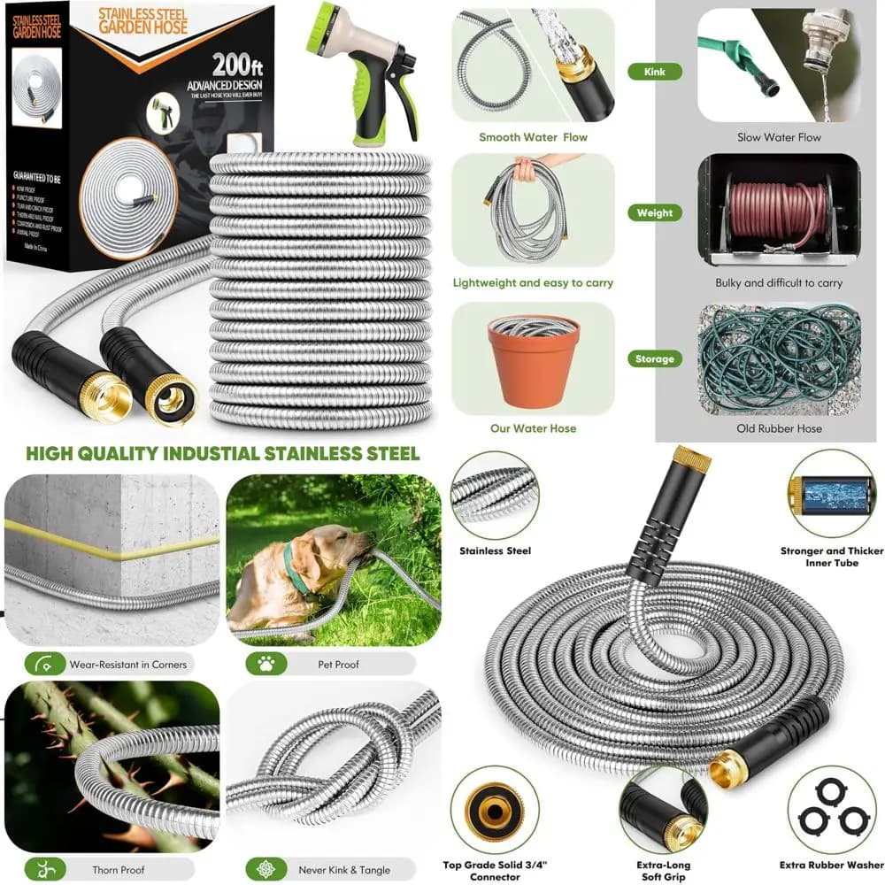 200-foot stainless steel heavy duty garden hose with 10 functions, flexible, lightweight, no folds, pet-resistant, durable waterproof