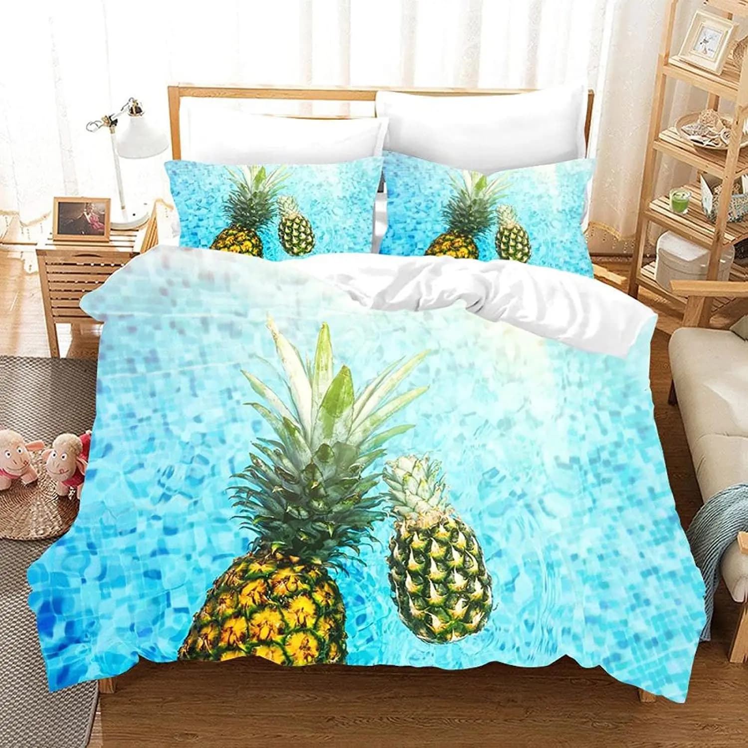 Set copripiumino con motivo ananas giallo, misura King Queen, per bambini, ragazzi e ragazze, copripiumino in poliestere con federa