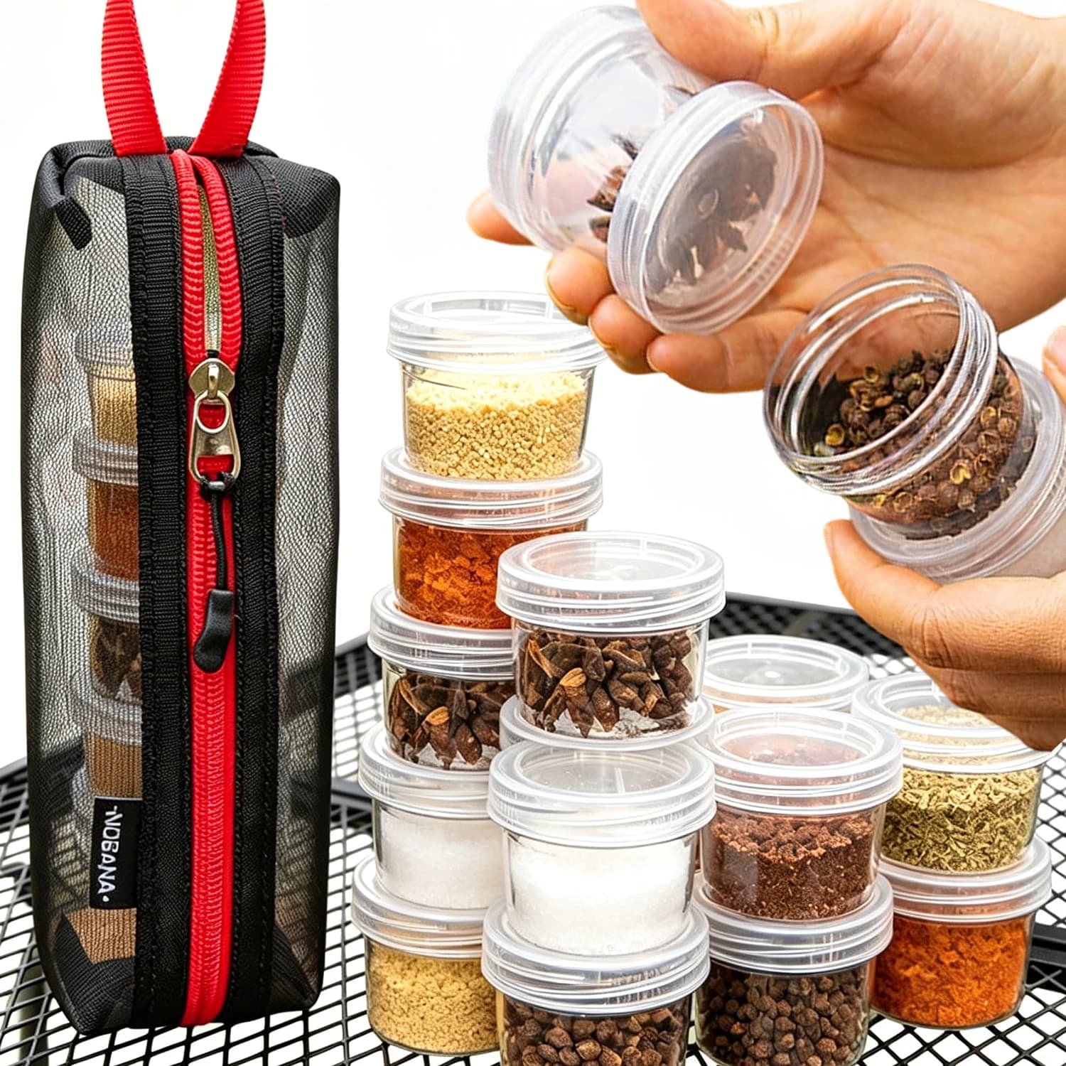 Set di 5 Contenitori Trasparenti per Spezie con Borsa in Nylon, Kit Portatile per Campeggio e Viaggi all'Aperto