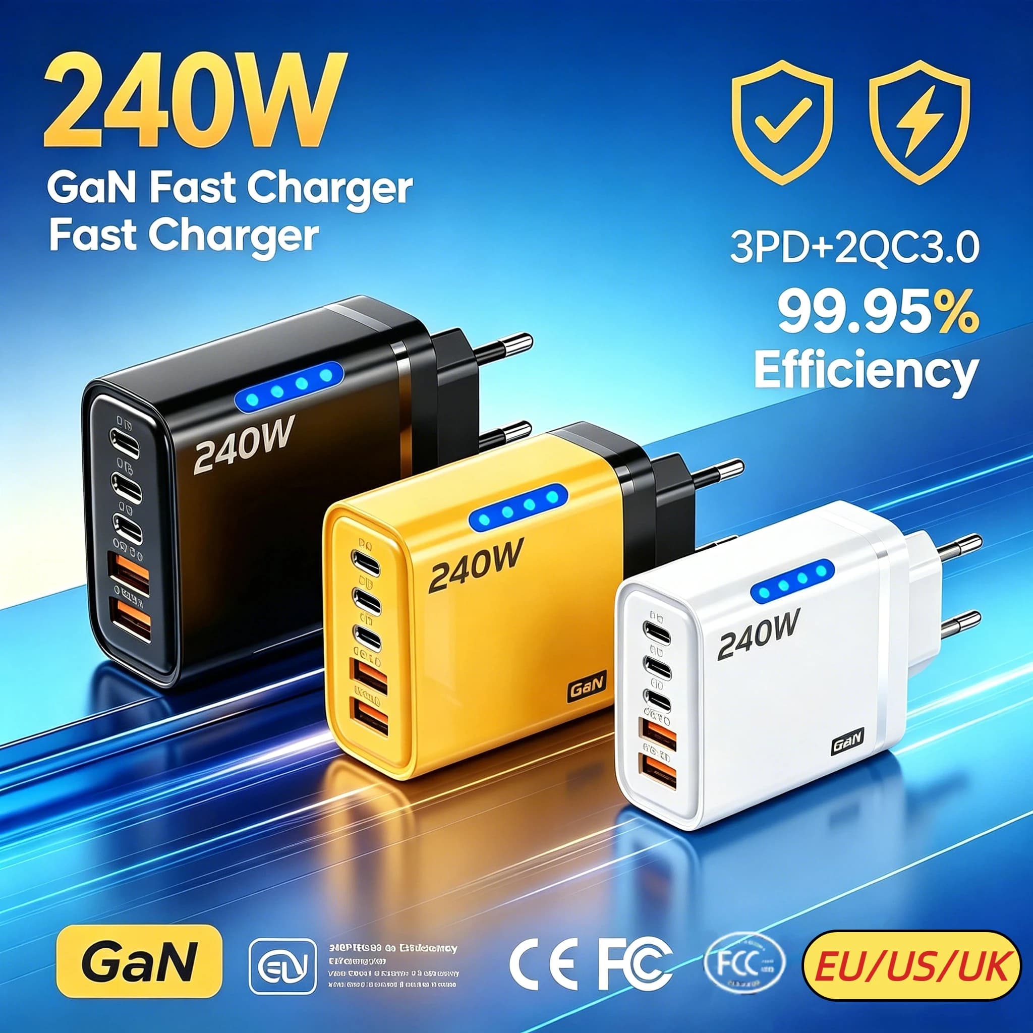 Caricabatterie rapido GaN da 240 W QC3.0 PD Stazione di ricarica USB a 5 porte con luce LED per iPhone Samsung Huawei Xiaomi Adattatore spina USA UE