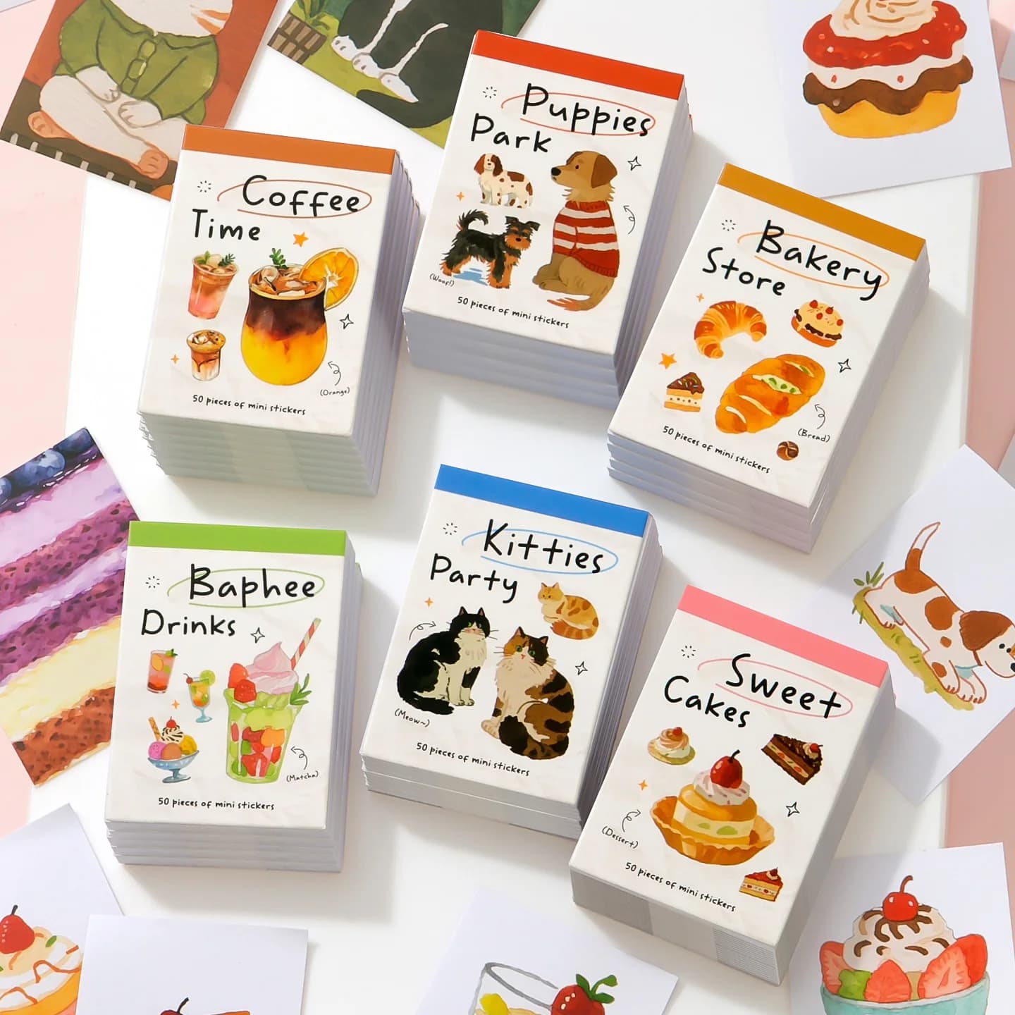 6 books with 300 sheets - Mini Bean Sticker Set, Pet Food Theme, Convenient to Carry Around