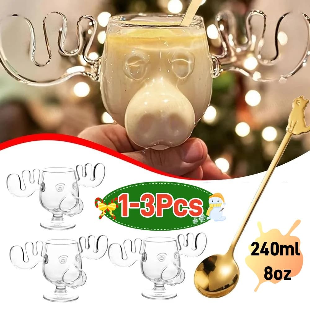 1-3PCS 240ml 8oz Christmas Vacation Moose Mug Christmas Reindeer Head Creative Elk Glass Wine Beer Water Juice Milk Glass
