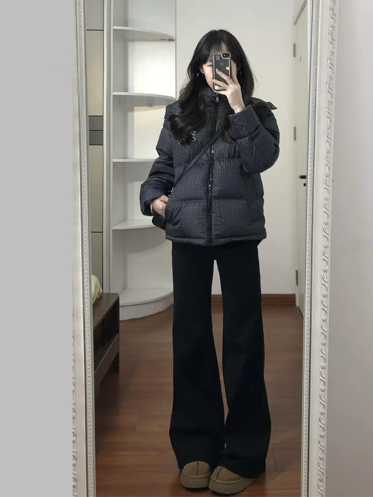 Jeans a Vita Alta e Gamba Larga da Donna, Taglia Unica, Leggings Elasticizzati, Tessuto Denim, Chiusura con Bottoni, Regolazione della Temperatura, Collezione Primavera