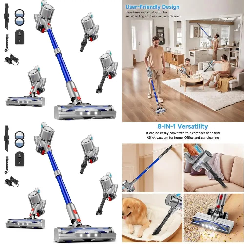 Vacuum cleaner 8-in-1 Lightweight 40Kpa 55Min, Anti-Pelucchi, Fitted to Wall, Rechargeable for Home, Flooring, Sofas, Animal hairs, Blue