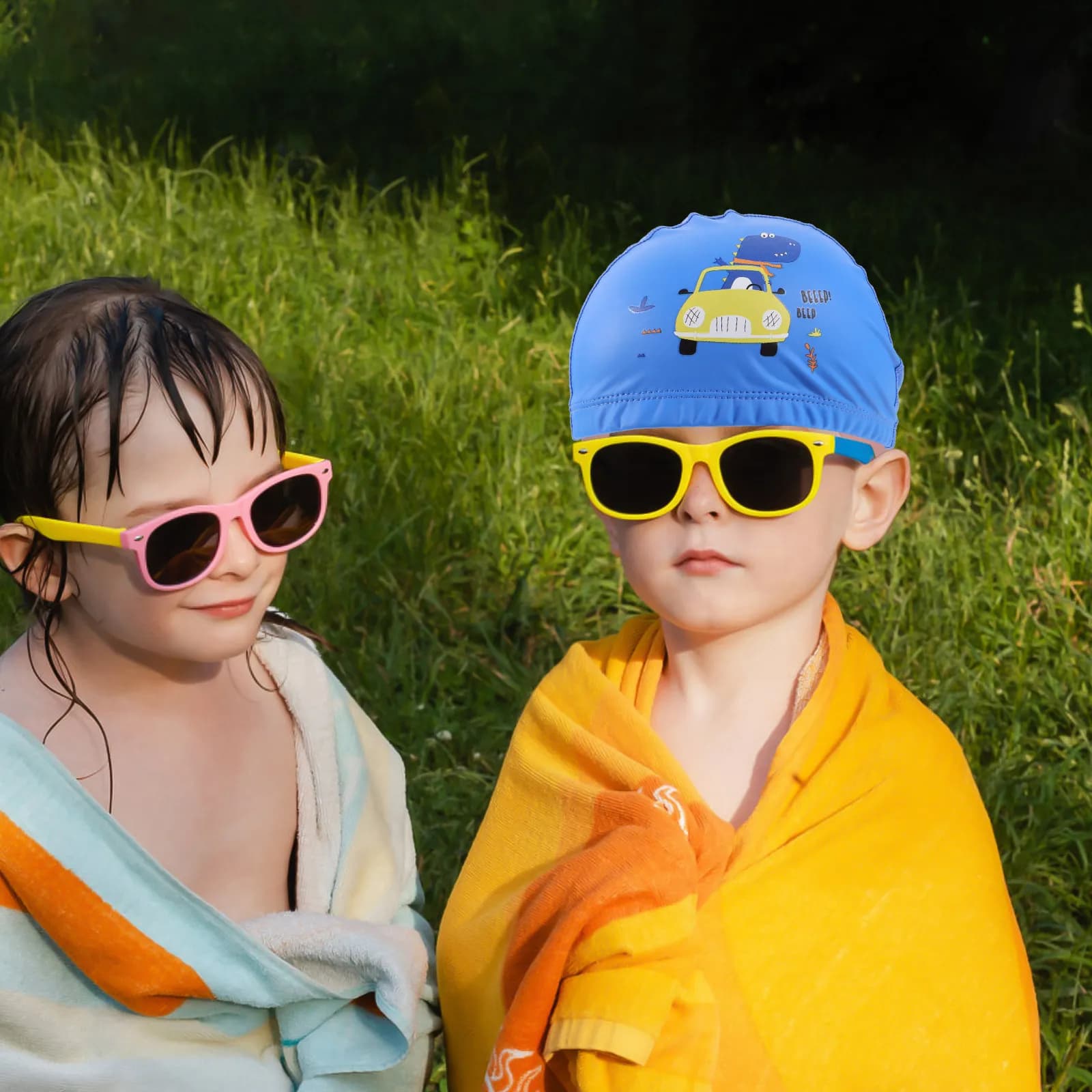 Baby Swimwear with Printing PVC Cartoon, Extra Cover for Earrings, Elastic Material for Swimming and Children's Bath