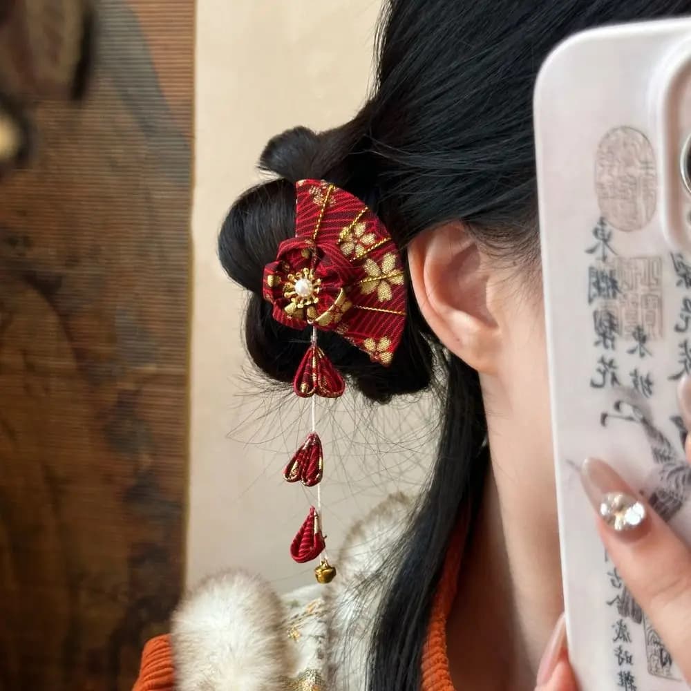 Kimono Sweet Bell Hair Clip with Sakura Pattern, Fabric and Vent, Hanfu Style Girl Hair Accessories, for Professional Photos
