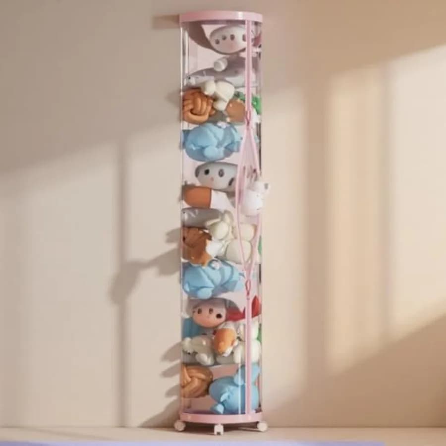 Tubo portaoggetti per peluche migliorato, alto 150 cm, organizer in peluche con 4 ruote, secchio trasparente in PET rosa e doppia cerniera salvaspazio