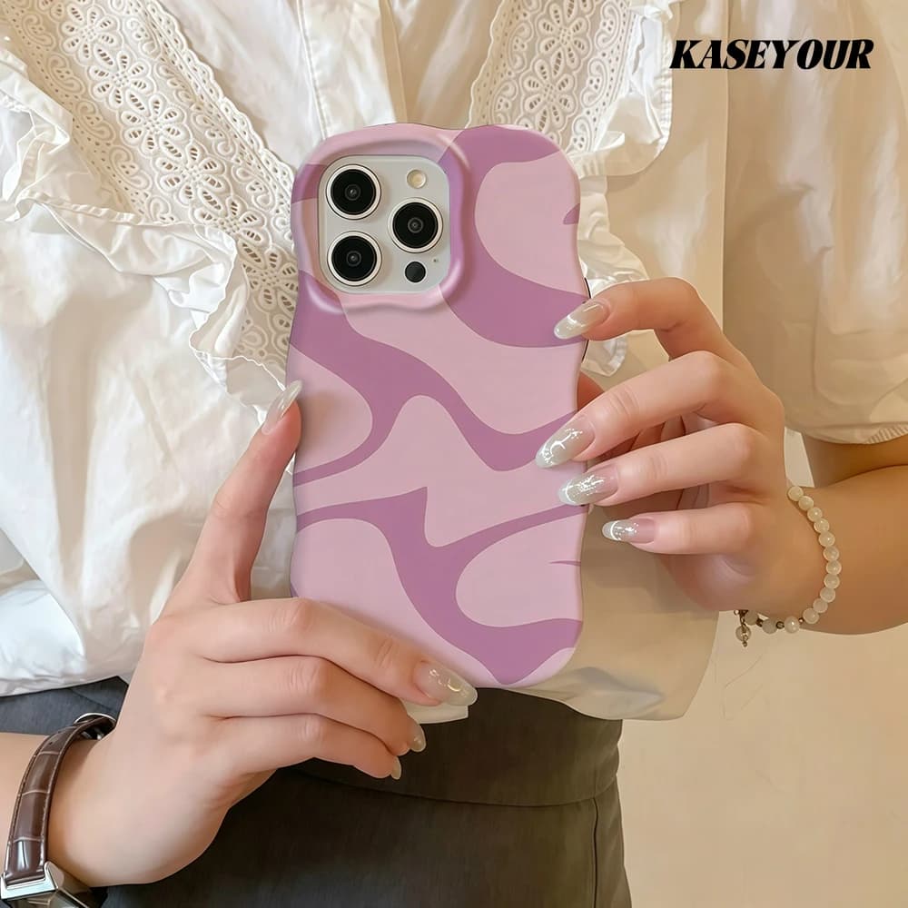 Cover per iPhone 13 14 15 16 17 Pro Max 2 in 1 Rosa Camouflage Lucida con Bordi Ondulati, Guscio Posteriore Rigido e Sottile
