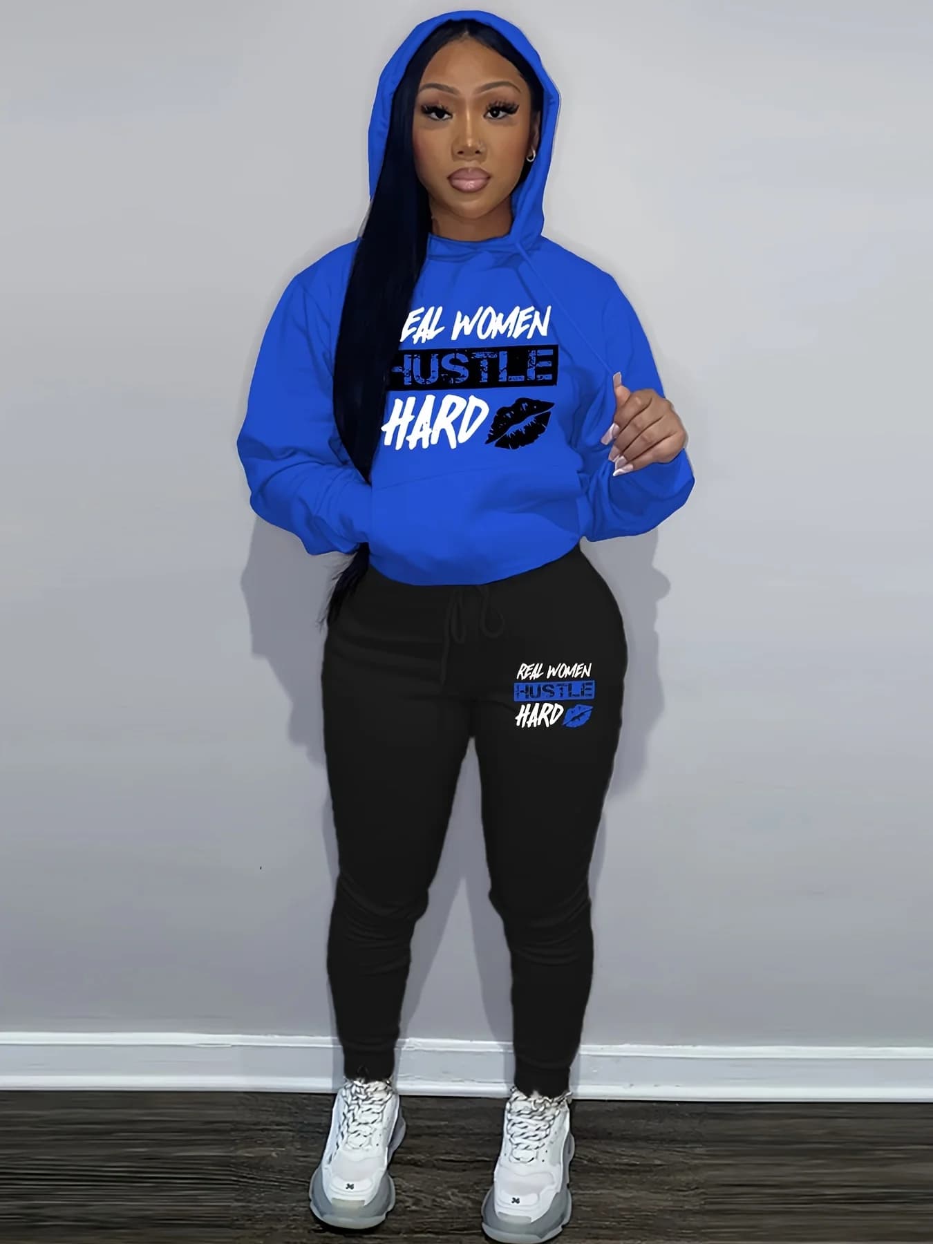 Women's hooded sweatshirt+sweatpants set hip-hop casual lip print letter print loose sportswear autumn fleece warm clothing