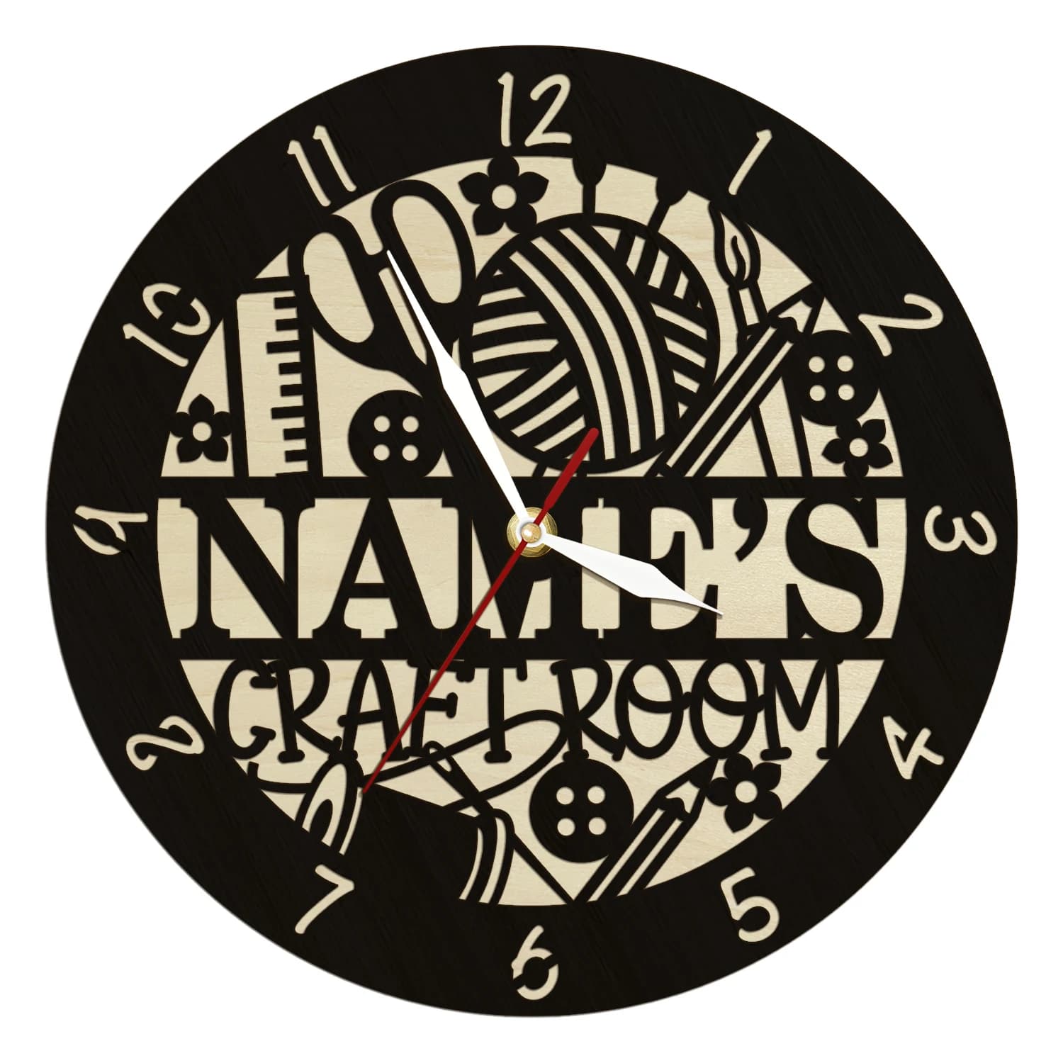 Nome della stanza artigianale personalizzato Segno Orologio da parete in legno Studio di cucito personalizzato Orologio da parete per camera quilting Decorazioni per la casa Orologio da sarto Regalo