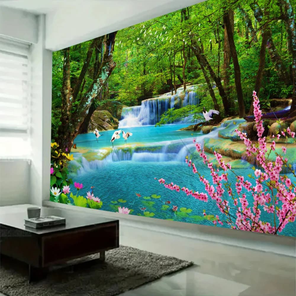 Hanging to the wall, forest waterfall, cloth for the background of the living room, artistic decoration for the house, bed linen, beach towels, picnic mat
