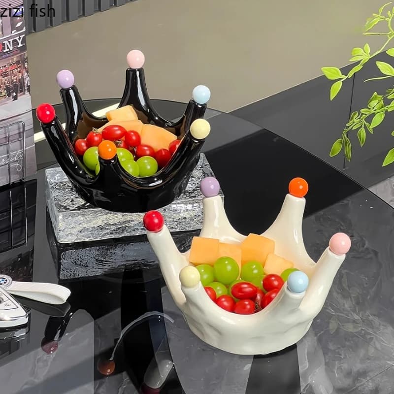 Crown Ceramic Fruit Plate with Fruit Fork Snack Bowl Candy Tray Dried Fruit Platter Dessert Plates Decorative Plate Dim Sum Dish