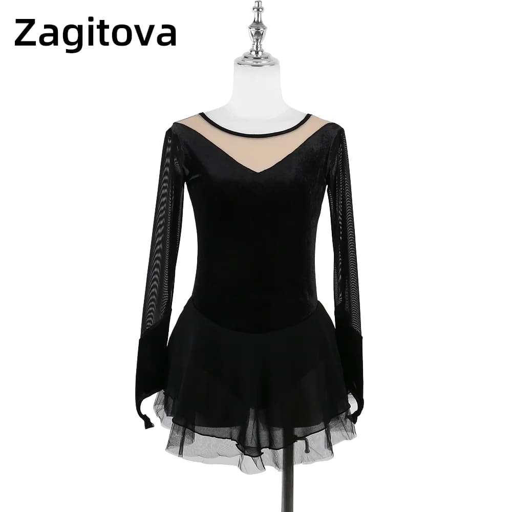 Abito da pattinaggio artistico zagiitova per donna, ragazze, vestiti da pattinaggio su ghiaccio, gonna a bolle in velluto nero a maniche lunghe con diamanti