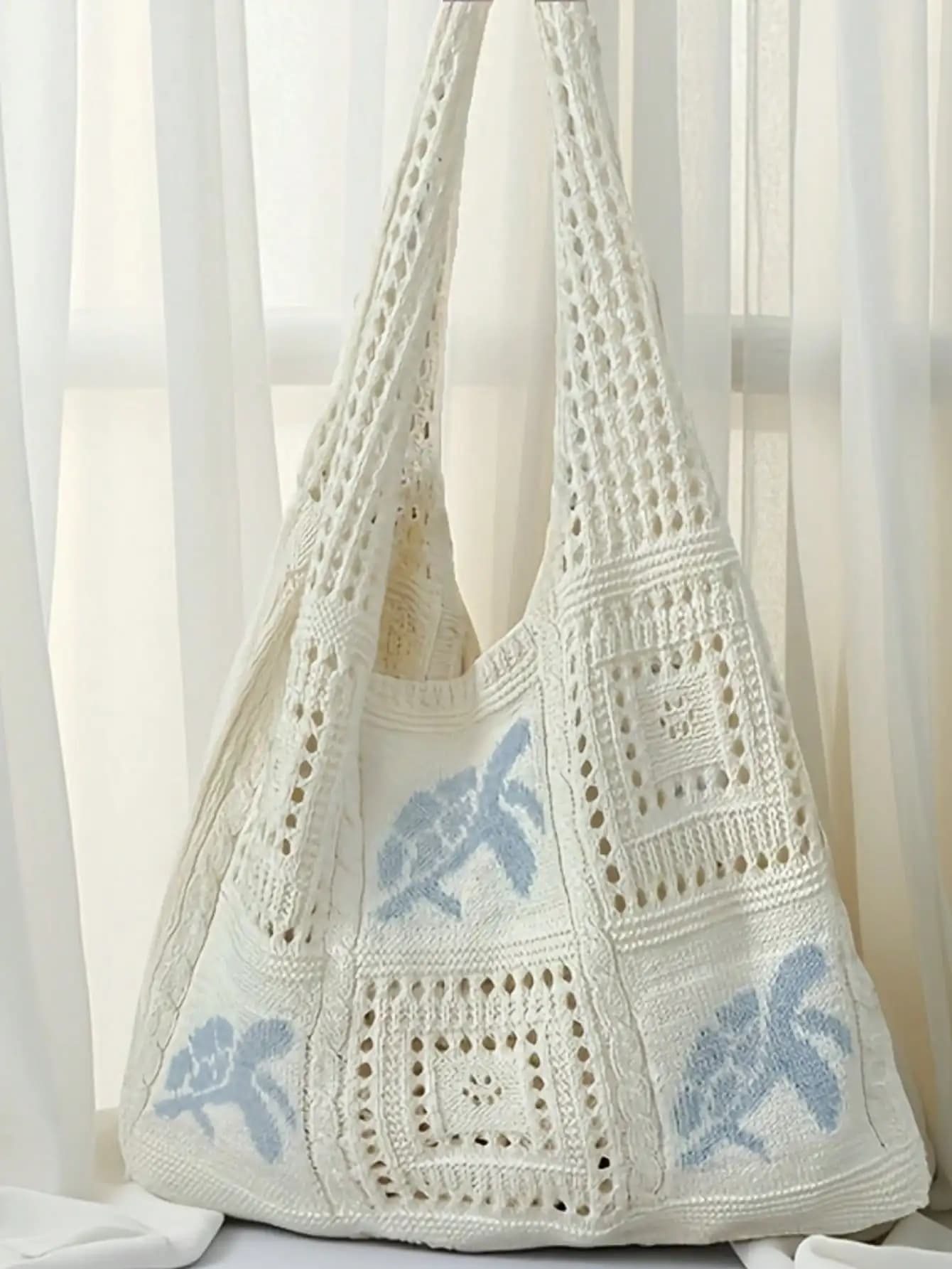 Borsa tote da donna all'uncinetto con motivo floreale - Borsa da spiaggia boho spaziosa con apertura superiore