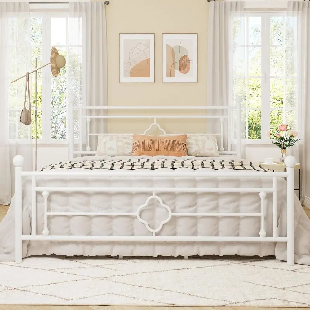 Letto con piattaforma in metallo in stile vintage con contenitore sotto il letto, base per materasso, senza rete a doghe, facile da montare, bianco