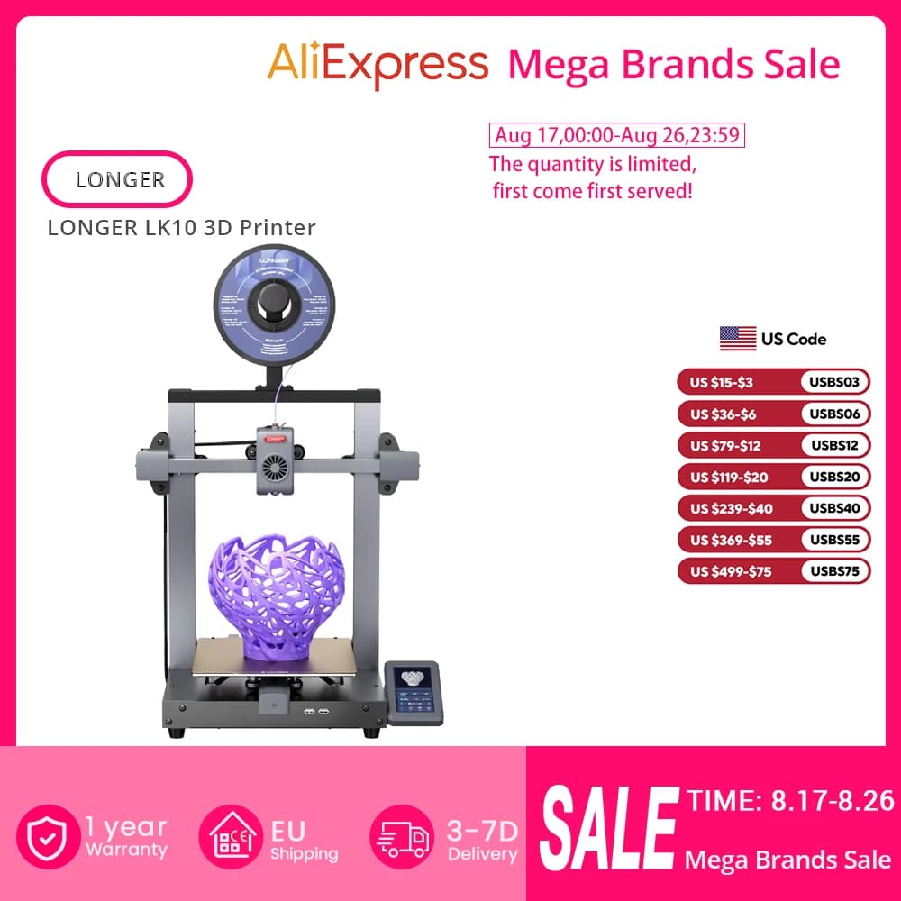 LONGER LK10 High-Speed 3D Printer with Auto Leveling, 225×225×265mm Build Volume, 500mm/s Printing Speed, 300°C Hotend, Direct Drive Extruder, WiFi/LAN Connectivity, 4.3" Touchscreen, Supports PLA PETG ABS ASA TPU Filaments