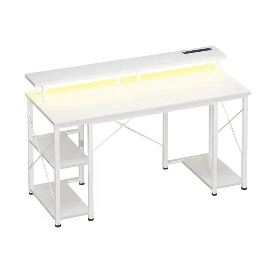 48 inch Gaming Desk with LED Lights and Power Outlets Computer Desk with Monitor Stand and Storage Shelves CPU Stand Home Offic