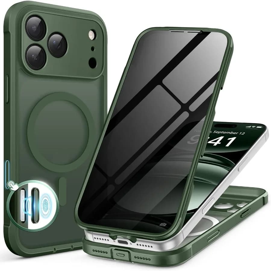 Custodia per telefono opaca verde intenso con protezione per lo schermo privacy integrata e protezione per fotocamera per iPhone 17 Pro Max 6.9 compatibile con